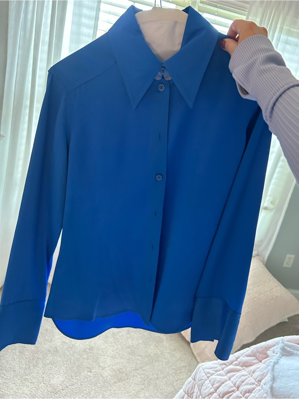 Zara Classic Blue Long-Sleeve Collared Button-Front Top
